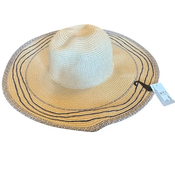 Women's Tan Wide Brim Sun Hat With Blue Trim - Picture 2 of 11